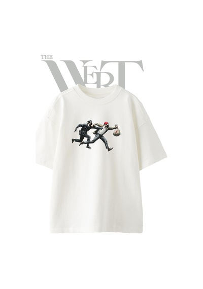 Thewert Banksy Polis Hirsiz Tasarım Baskılı Ünisex Beyaz Oversize T-shirt