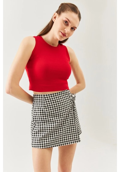 Butikgiz Kadın Sıfır Kol Bisiklet Yaka Vücuda Oturan %100 Pamuklu Kaşkorse Esnek Crop Bluz Kırmızı