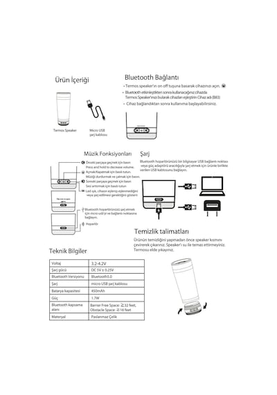 Vaeske 500 Ml Çelik Termos Bluetooth Hoparlör Mavi