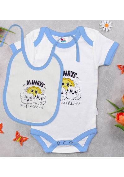 Bk Kids Always Smile Tasarımlı Mavi Bebek Body Zıbın Ve Mama Önlü Çok Renkli