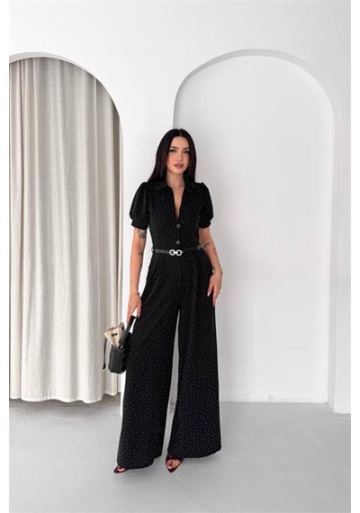 Neşeli Butik Kadın Siyah Kemer Detaylı Tam Boy Taşlı Gömlek Yaka Tulum Nbk4592