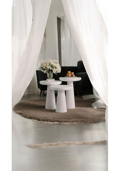 Wood Wooden Ahşap Beyaz 3 Lü Set Mantar Yan Sehpa Fiskos Çiçeklik Decorative Beyaz