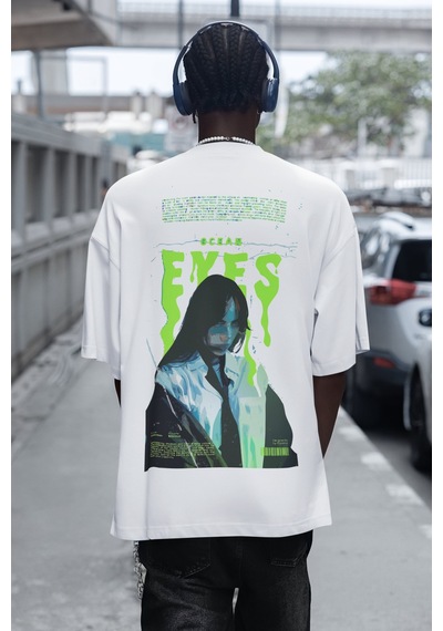 Sevbano Tasarım Billie Eilish Ocean Eyes Sırt Baskılı Unisex Oversize Şar Beyaz