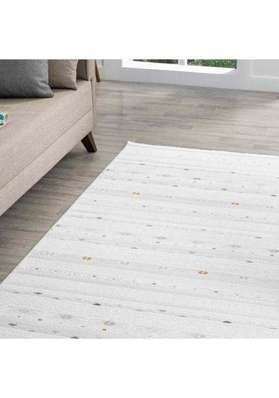 Beyaz Çok Renkli Etnik Şerit Desenli Modern Halı - Nd15502ms