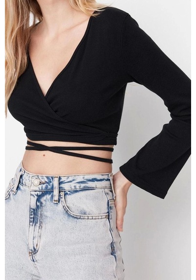 Ersefa Moda Kruvaze Örme Slim Düz Desen Casual Günlük Crop Uzun Kol Bluz Siyah