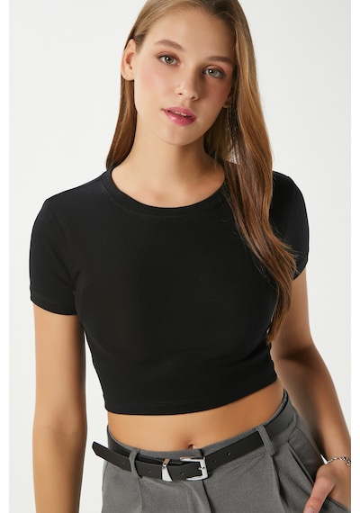 Ritnice Kadın Deal Lux Touch Yumuşak Doku Crop Siyah Bluz