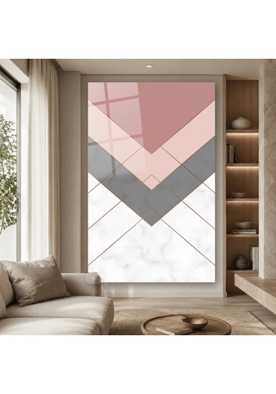 Pudra Gri Mermer Chevron Deseni Çerçevesiz Cam Tablo
