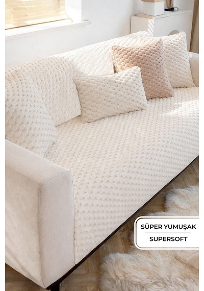 Soft Kürklü Koltuk Örtüsü 170x215 Cm Yumuşak Peluş Kaymaz Taban Kanepe Örtüsü Krem Kırık Beyaz