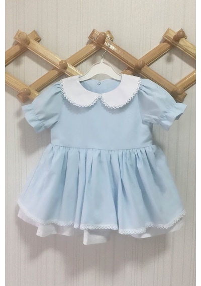Bebe Yaka Dantel Detaylı Poplin Kız Çocuk Bebek Bebe Mavi Beyaz Elbise 001
