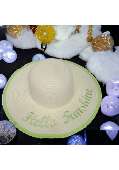 Kadın Hasır Plaj Şapkası Natural Green Sute Bucket Hat Plaj Havuz Bej - Yeşil