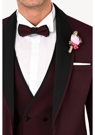 Ysf Erkek Bordo Slim Fit Yelekli Çıkma Şal Yaka Damatlık