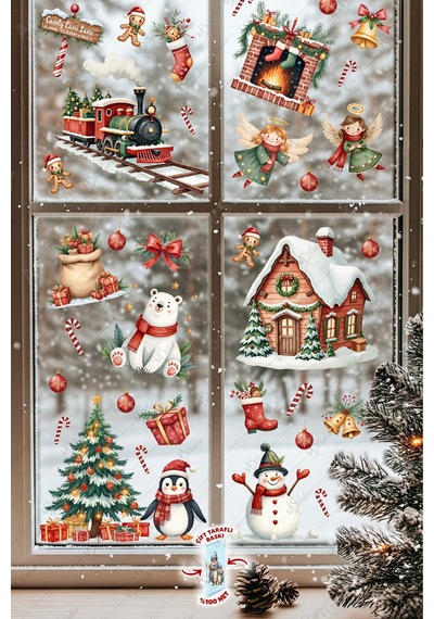 Christmas Yılbaşı Cam Sticker Seti 60+ Parça Çift Taraflı Baskı, Suya Dayanıklı, Kar Tanesi & Noel Dekoru Dijital Baskı