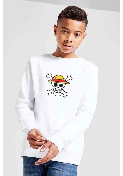 Tshirthane Anime One Piece Logo Baskılı Unisex Çocuk Beyaz Sweatshirt Beyaz
