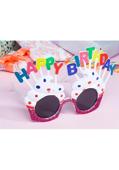 Happy Birthday Yazılı Beyaz Fuşya Renk Parti Gözlüğü 12x7 Cm 1