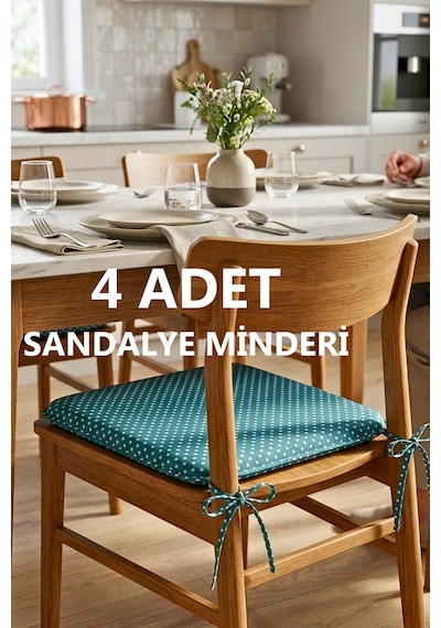 Comfort 4 Adet Sandalye Minderi Bağcıklı Özel Dikişli Süngerli Pamuklu Kumaş Sandalye Minderi Puanlı Çağla