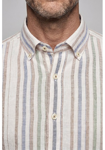 Bisse Kahve Regular Fit Keten Cepsiz Uzun Paşa Yaka Gömlek Gmktn261092 K11