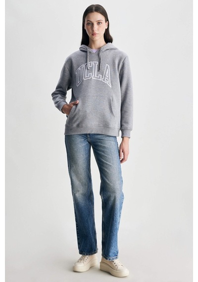 Ucla Rıley Gri Kapüşonlu Nakışlı Standard Fit Kadın Sweatshirt Gri