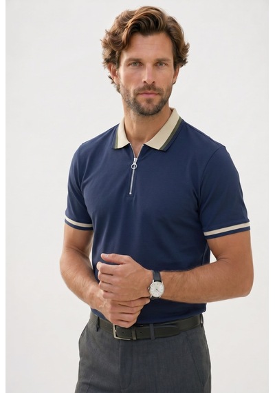 Tudors Erkek Slim Fit Dar Kesim %100 Pamuk Kısa Kollu Yarım Fermuarlı Lacivert Polo Yaka Tişört-50748