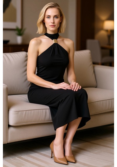 Benerly Kadın Bodycon Halter Yaka Kolsuz Midi Esnek Örme Elbise Aksesuar Siyah