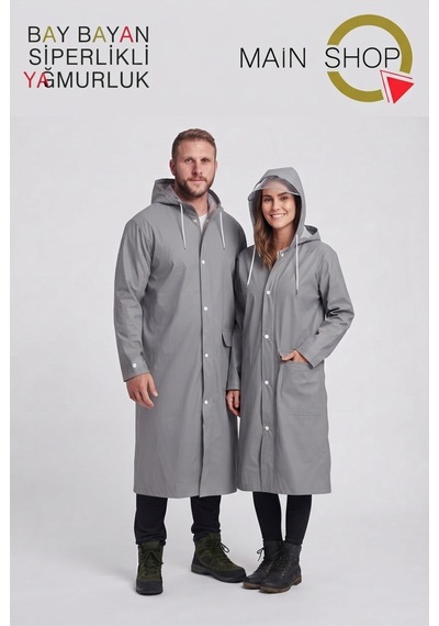 Mainshop Unısex Gri Su Ve Rüzgar Geçirmez Siperlikli Kapüşonlu Çıtçıtlı Cepli Yağmurluk