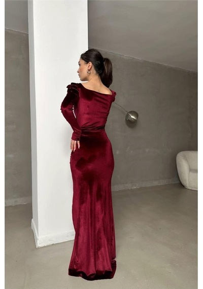 Lior Design Kadın Trend Tasarım Kare Yaka Taş Detaylı Uzun Kollu Abiye Elbise Bordo