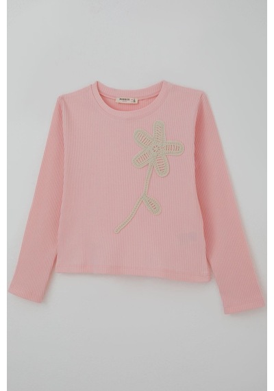 Breeze Kız Çocuk Uzun Kollu Tişört Örgü Çiçek Aplikeli 6-12 Yaş, Pembe