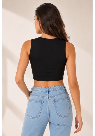 Loule Kadın 2'li Bisiklet Yaka Kolsuz Crop Top Siyah-bej %92 Pamuk Siyah - Bej
