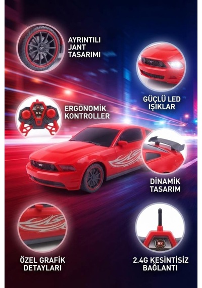Mustang Dev Boyutlu Uzaktan Kumandalı Yarış Arabası Işıklı 1:10 Ölçekli 6 Fonksiyonlu Oyuncak Araba Kırmızı