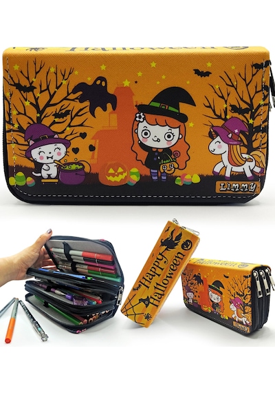 Kalem Kutusu Organizer Üç Bölmeli Kalemlik Halloween Sevimli Cadı
