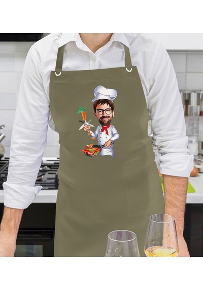 BK Gift Kişiye Özel Erkek Chef Karikatürlü Profesyonel Haki Yeşil