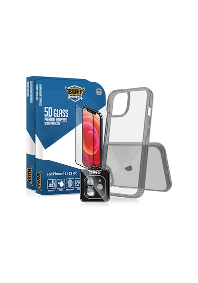 Buff Apple iPhone Uyumlu 12  Paket - 2x5d Ekran Koruyucu + Şeffaf Kılıf + Lens Koruyucu Glass