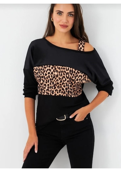 Balmior Kadın Kadife Kumaş Leopar Desenli Omuz Detay Uzun Kollu Bluz Leopar