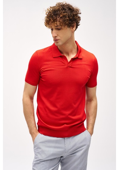 İgs Kırmızı Slim Fit Dar Kalıp Polo Yaka Düz Kısa Kollu Triko Tişört-16330