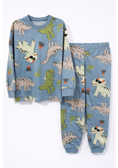 Mavi Dinozor Desenli Erkek Çocuk Pijama Takımı