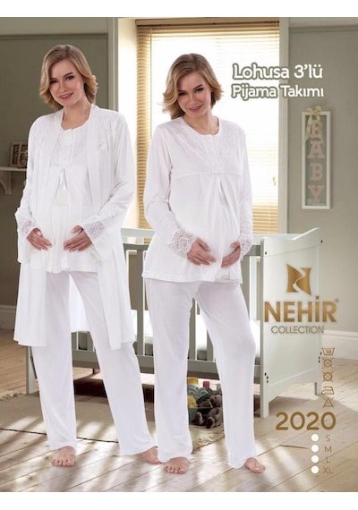 Nehir 2020 Hamile Lohusa Pijama Sabahlık 3lü Takım Ecru