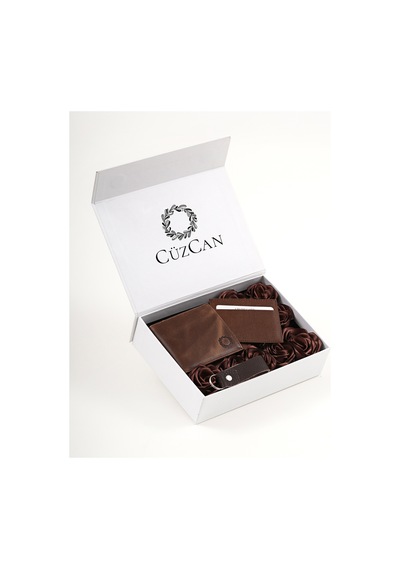 Premium Gift Rose Box - M.utd Kahve Hakiki Deri Cüzdan - Kartlık - Anahtarlık Ve Kahve Gül Kutusu Antik Kahve