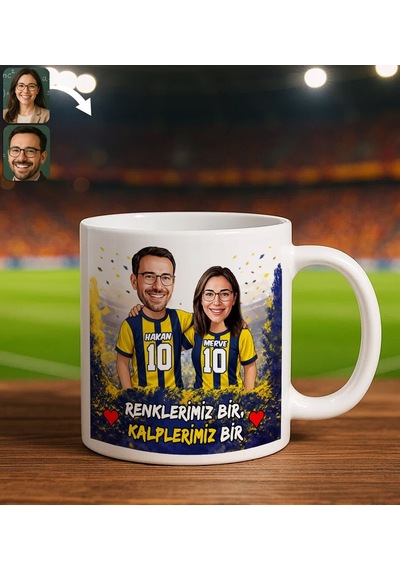 Bk Gift Kişiye Özel İsimli Sarı-lacivert Sevgili Karikatürlü Beyaz Kupa Bardak İsim Ve Forma Numaralı Taraftar Kupa, Doğum Günü Hediyesi Kobitmeyenc Çok Renkli