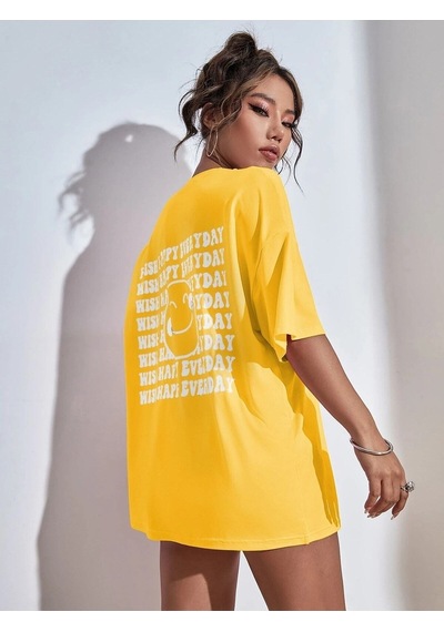 Flood Of Style Kadın Sarı Wish Happy Everyday Baskılı Oversize T-shirt