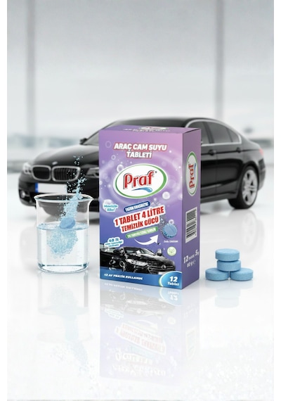 Praf Araç Cam Suyu Tableti 12 Adet 1 Tablet 4 Litre Oto Silecek Suyu Temizleyici Konsantre