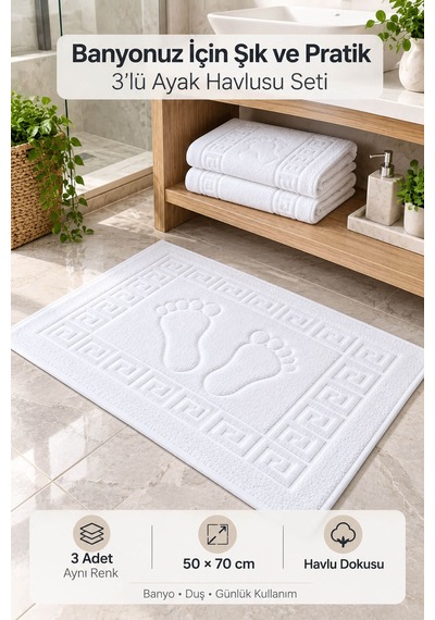 3'lü Banyo Ayak Havlusu 50x70 Cm 250 Gr Footera Beyaz
