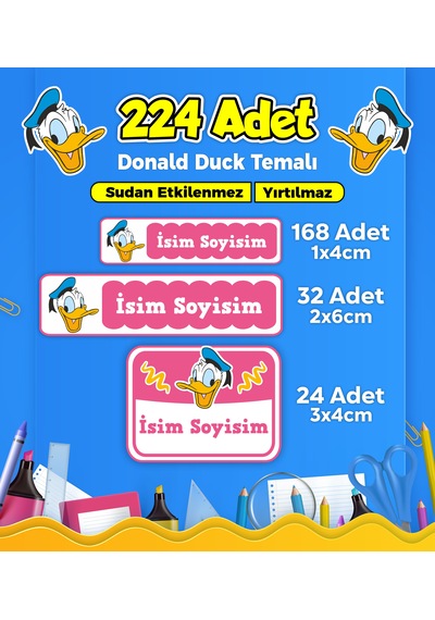 Okul Kreş Kişiye Özel İsim Etiket Seti Donald Duck Temalı - Model 87 Çok Renkli