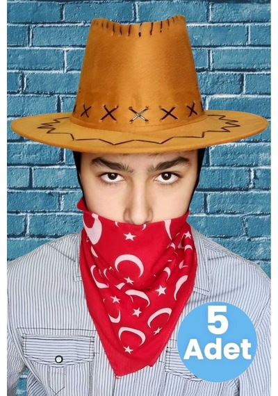 Uniquetrenders Çocuk Unisex Bandanalı 5'li Nubuk Kovboy Şapkası 8-14 Yaş Taba 4
