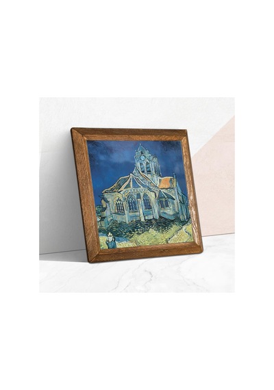 Pinecone Vincent Van Gogh Auvers'deki Kilise Taş Duvar Tablosu - Ahşap Çerçeveli Taş Tablo - 25x25 Cm - Dekoratif Duvar Sanatı - Modern Ev Ve Ofis Duvar Dekoru W1-289