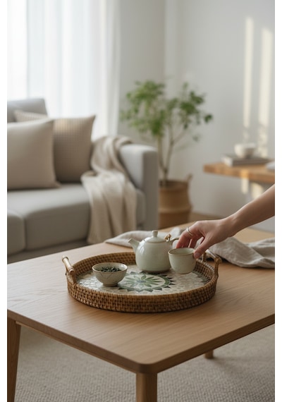 Akayev Sedefli Rattan Tepsi Kahverengi 28cm Çok Rengi