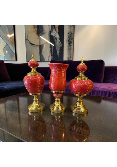 Royal Red Marble Dekoratif Vazo & Obje Seti Gold Detaylı Lüks Salon Aksesuarı 3 Lü