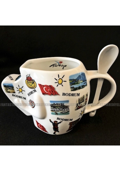 Bodrum Ege Yöresel Desenli Kaşıklı Porselen Kalpli Bardak Kupa