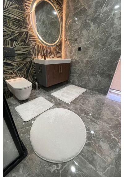 3'lü Yıkanabilir Post Beyaz Banyo Halısı Peluş Klozet Takımı 80x80 Yuvarlak + 50x60 Ve 60x100 Klozet Beyaz