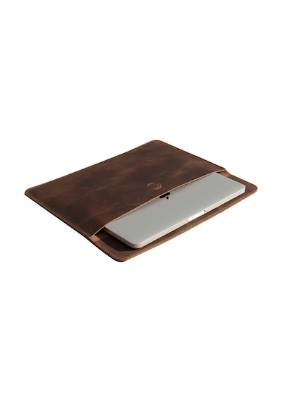 Vintage Hakiki Deri Laptop Çantası 14 İnç Uyumlu El Yapımı Macbook Kılıfı Açık Kahve