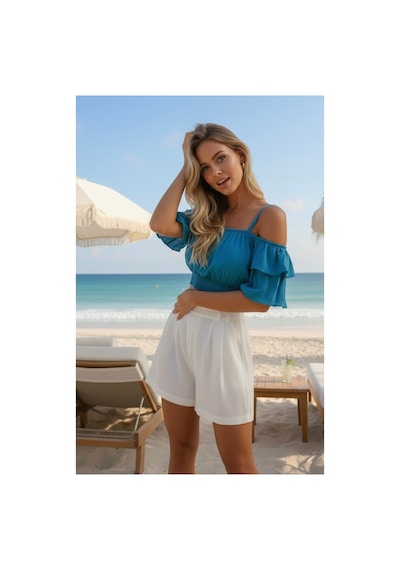 Polologin Butik Fırfır Detaylı Crop Turkuaz Mavisi Viskon Kumaş Mavi