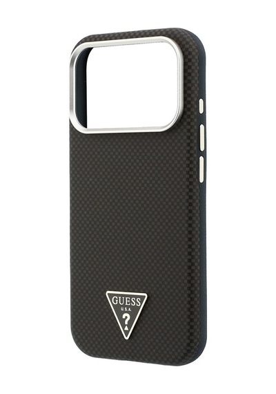 Apple iPhone Uyumlu 18 Pro Kılıf Guess Lisanslı M-safeli Pu Metal Üçgen Logolu Karbon Fiber Kevlar Kahverengi